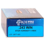 ADI world class 243win 87gr V-Max ammunition box of 20